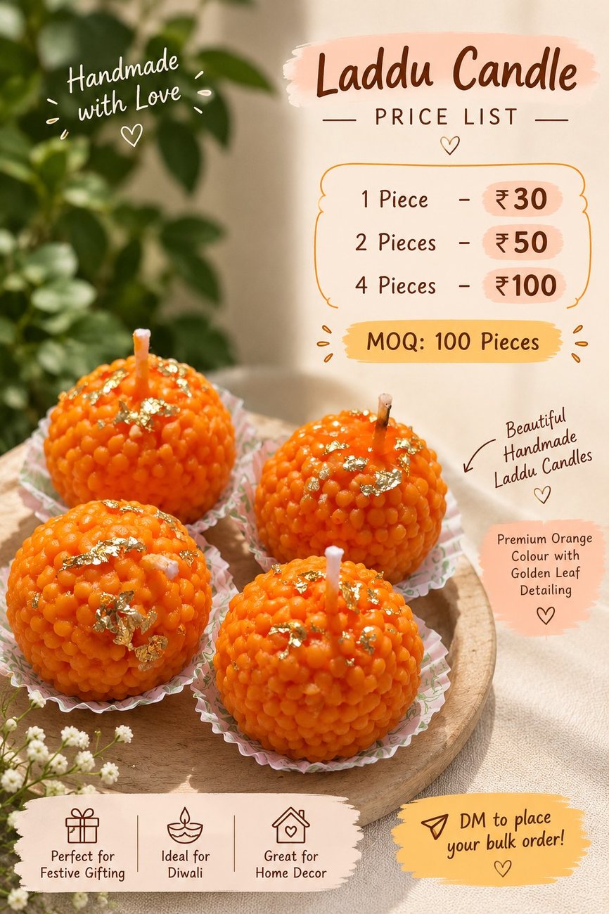 Handmade laddu candle price list and product display