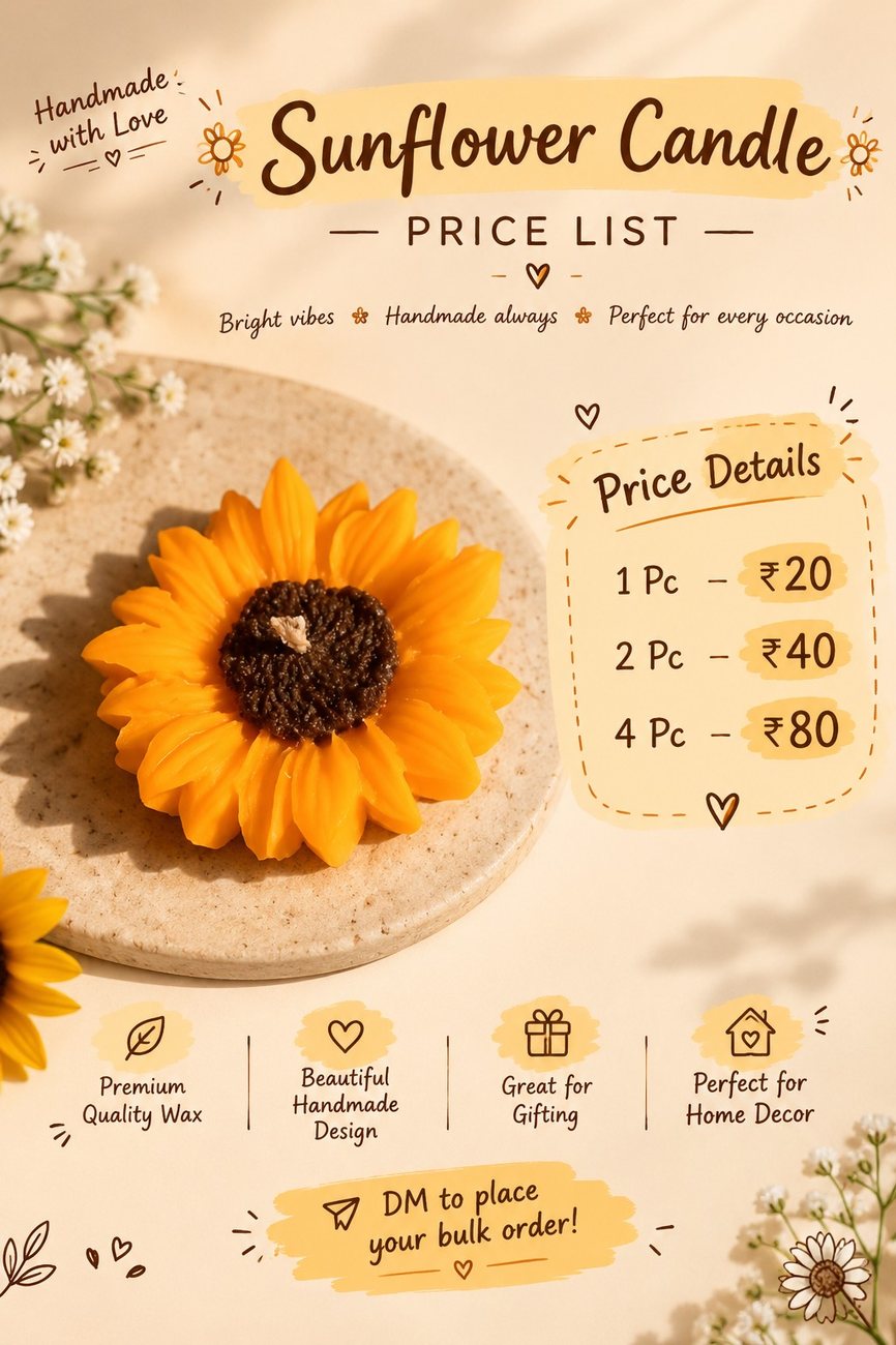 Sunflower candle price list and product display